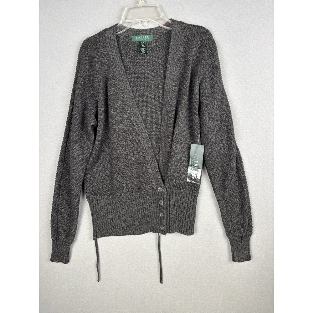 Lauren Ralph Lauren Cardigan Women's P-PT Gray Ribbed Four Button Preppy 3750